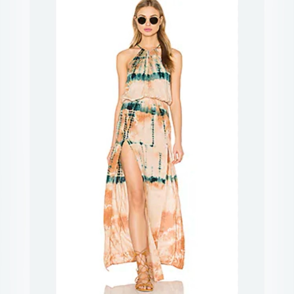 Blue Life Double Slit Halter Dress Tan & Blue Tie Dye Size Small
